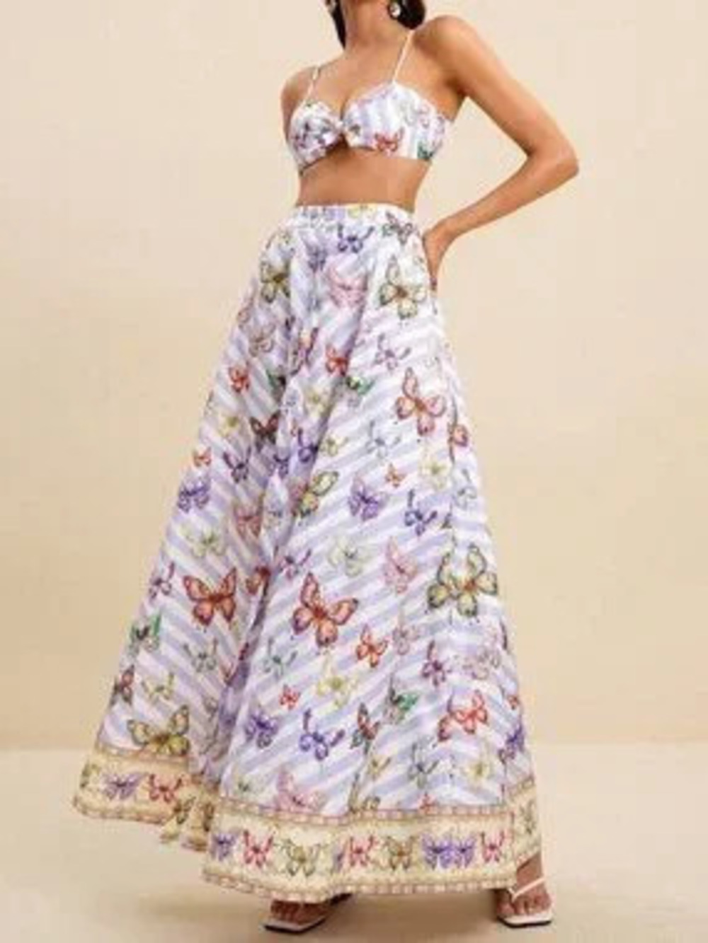 Multicolor Boho Women's Stripe Butterfly Print Maxi Skirt And Cami Crop Top Set